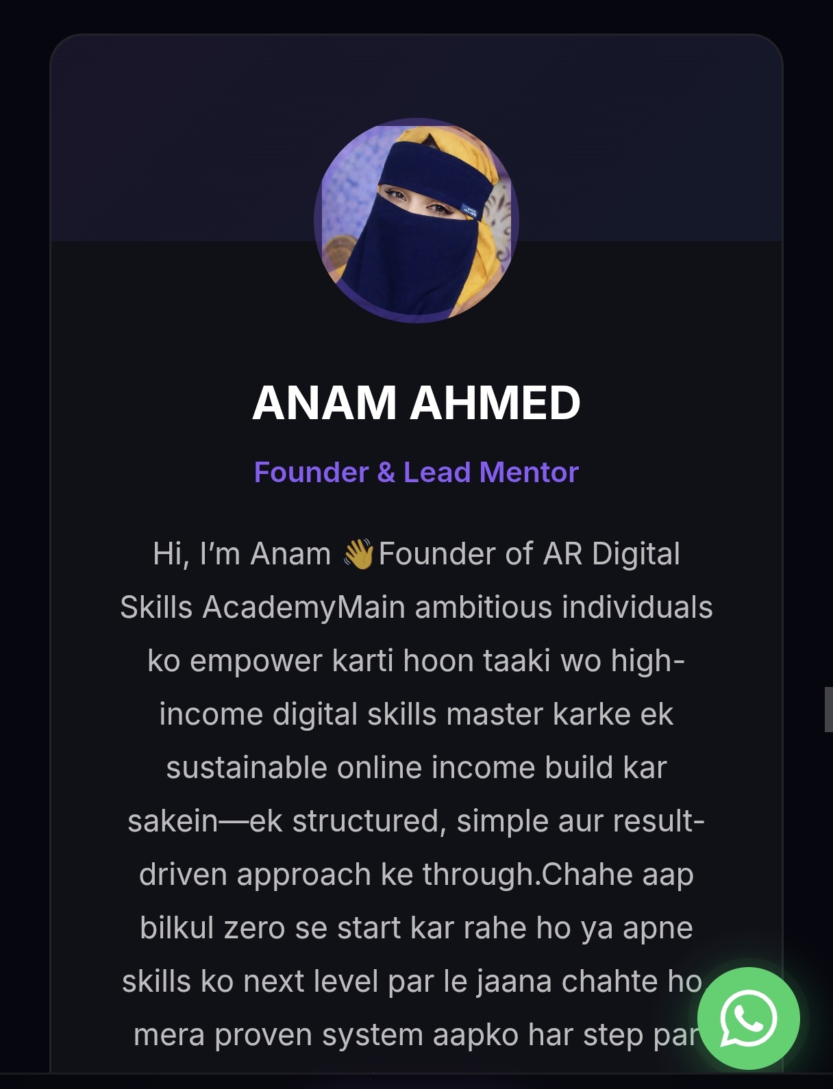 Anam Ahmed, Founder & Lead Mentor of ARDIGITALSKILLS ACADEMY