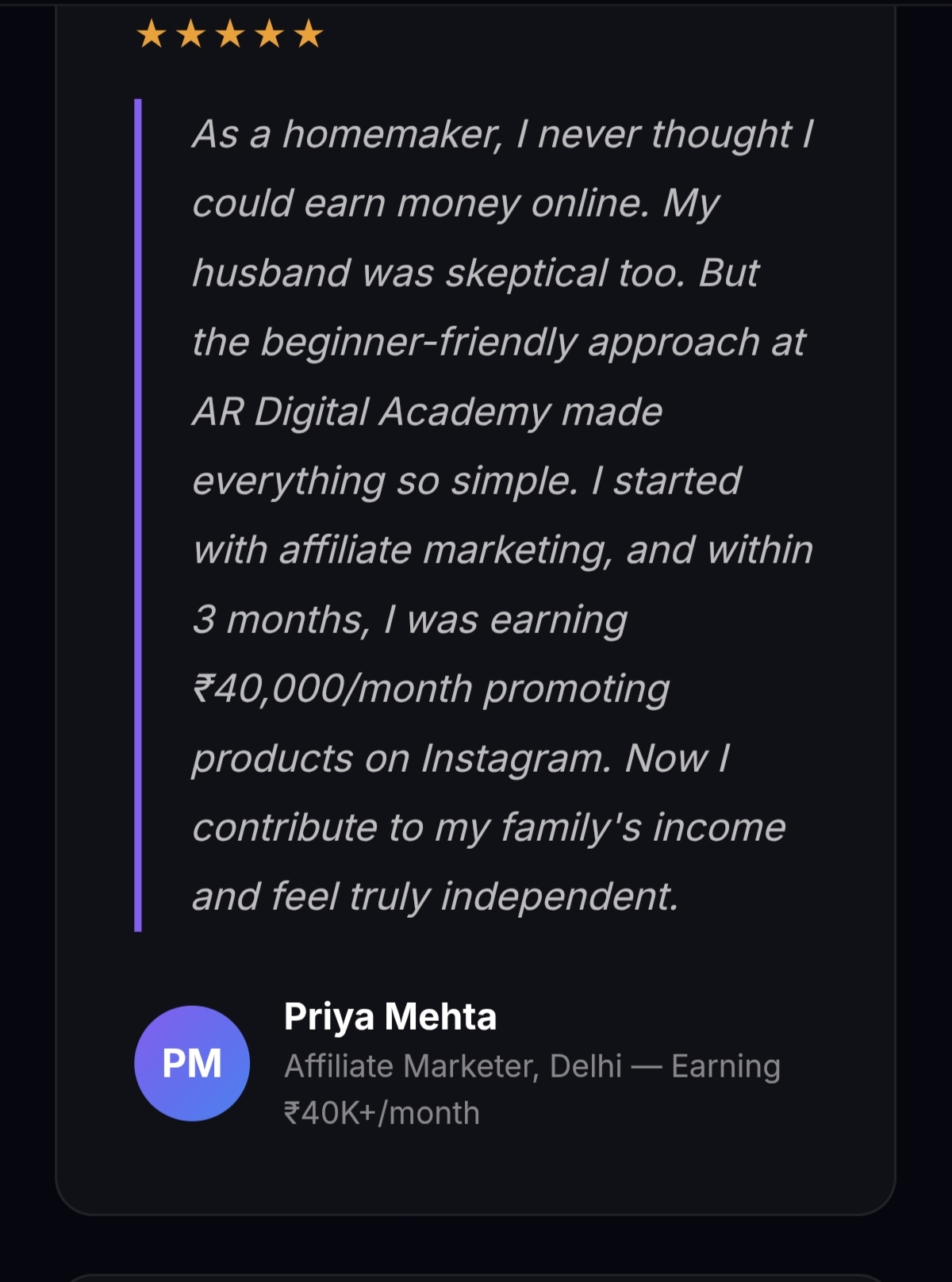 5-star review from Priya Mehta, Affiliate Marketer, Delhi
